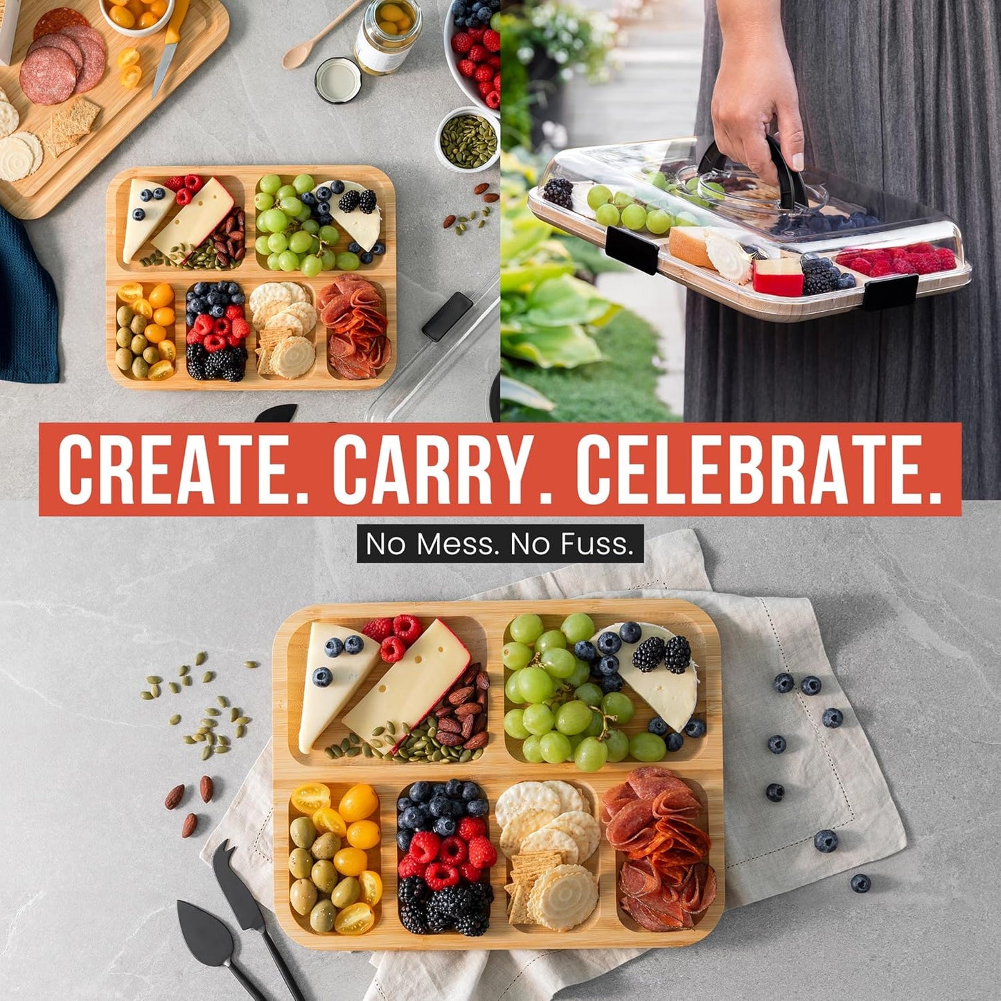 Chef Pomodoro Travel Charcuterie Board With Lid, Serving Tray, Portable, Covered Tray With Lid, Cheese Platter, Wood Grazing Board With 6 Compartments 14.4 X 11.4 in (36.7 X 29 cm)