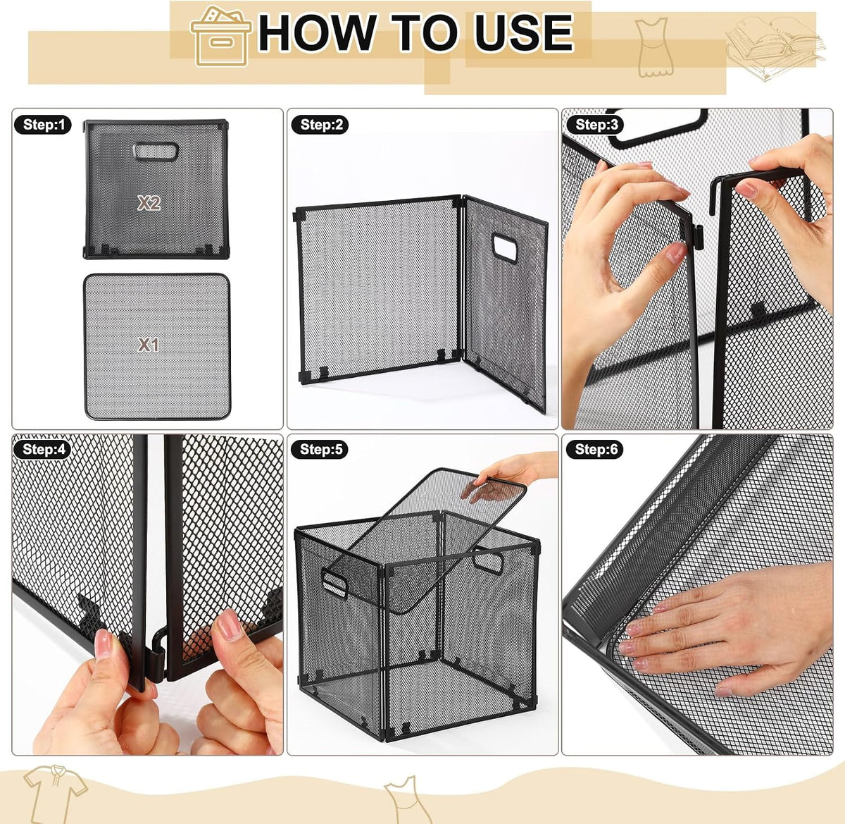 Funnymoom 2 Pcs Foldable Metal Wire Basket 13 x 13 Inch Black Cube Storage Bins Stackable Wire Laundry Baskets Organizer with Handle for Shelves Pantry Cabinet File Graduation Gift