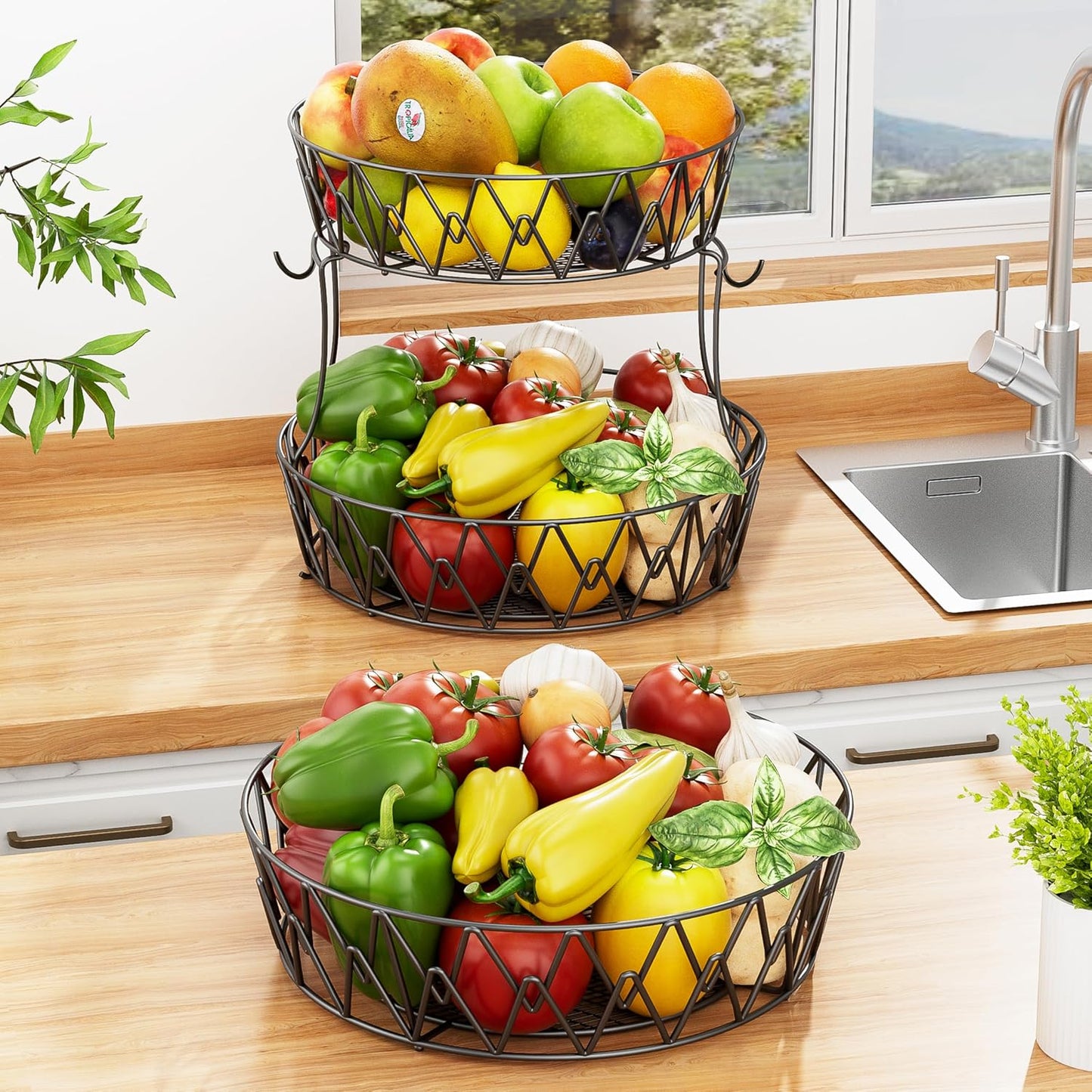 3 Tier Fruit Basket with 2 Banana Hangers for Kitchen Counter | 3-Tier Detachable Design,Metal Wire Construction, Wooden Handle, Large Capacity, Multi-Purpose Organizer,Mesh Basket