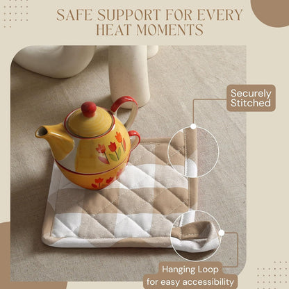 Oven Mitt (7"x13") & Pot Holder (8"x8") 100% Cotton Set of Heat Resistant Oven Gloves & Hot Pads for Gifts, BBQ, Cooking, Baking, Thanksgiving - Mustard Yellow