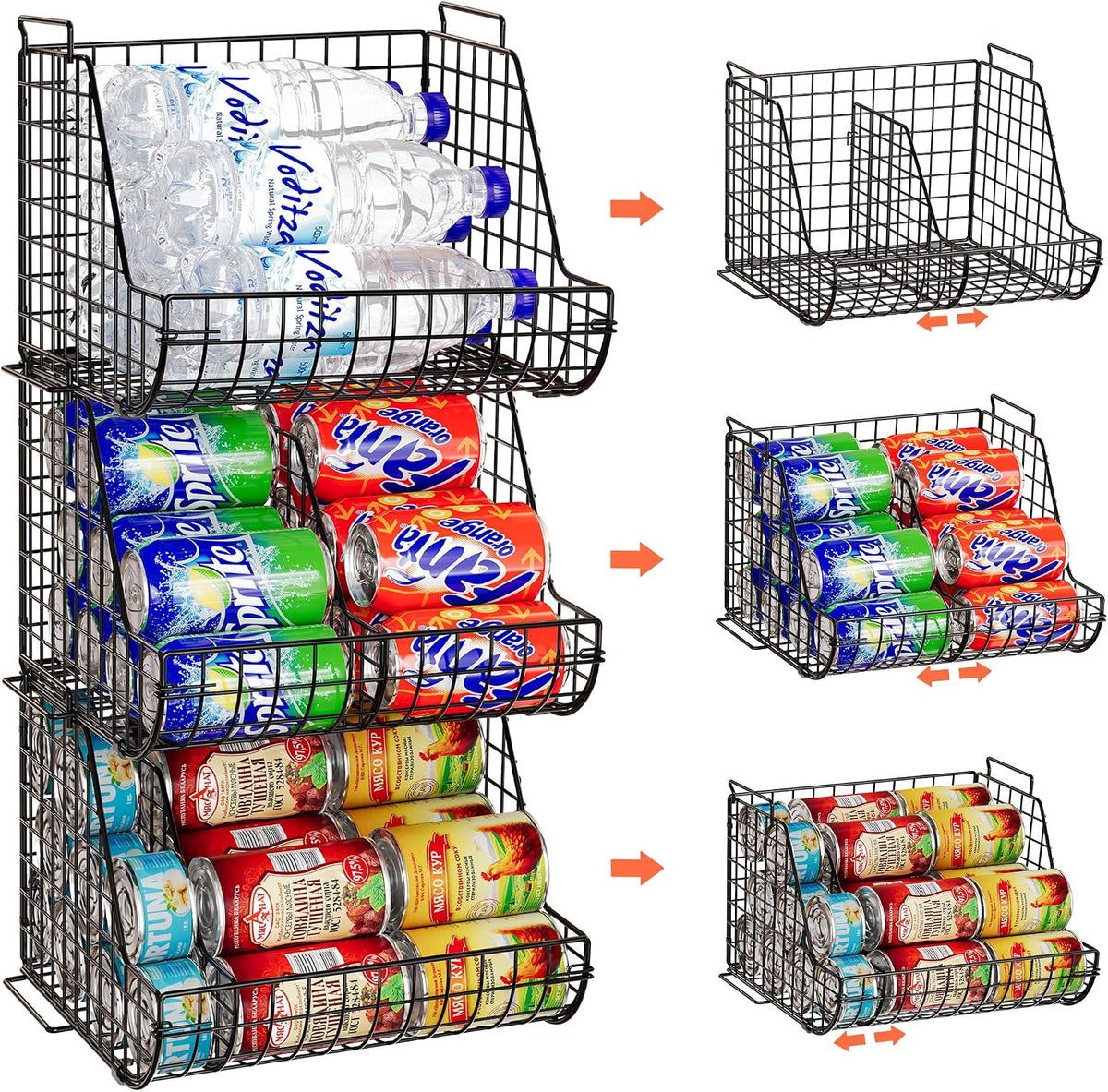 Stacking Can Dispensers 3 Tier with 3 Divider, Large Pantry Can Organizer, Beverage Drink Pop Soda Can Storage Basket, Can Holders for Pantry, Canned Food Rack Wire Bins for Kitchen Cabinet (3-Pack)