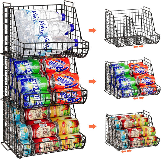 Stacking Can Dispensers 3 Tier with 3 Divider, Large Pantry Can Organizer, Beverage Drink Pop Soda Can Storage Basket, Can Holders for Pantry, Canned Food Rack Wire Bins for Kitchen Cabinet (3-Pack)