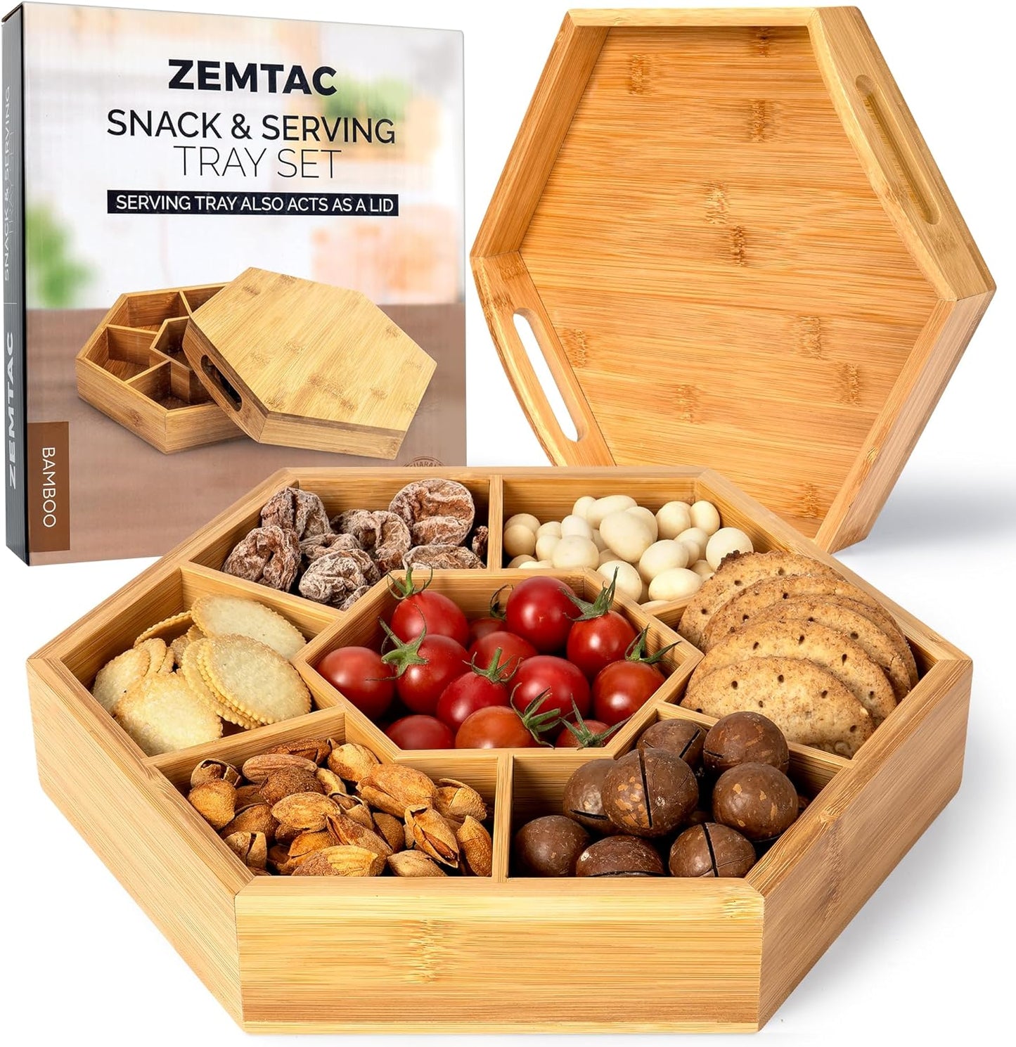 Snack and Serving Tray Set – 13" Divided Bamboo Appetizer Platter for Dry Fruit, Nuts, Cheese and Charcuterie (Bamboo, 13"x11")
