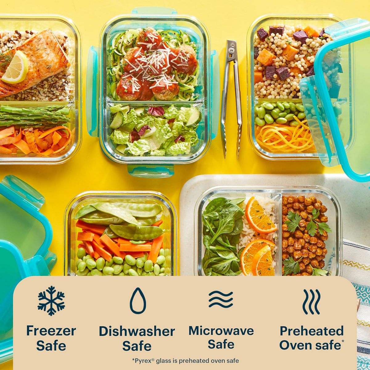 Pyrex Glass Meal Box (5-Pack, 2.3 Cup) Divided Compartments with Locking Lids, For Meal Prepping and Portioning, BPA Free Microwave Dishwasher Safe