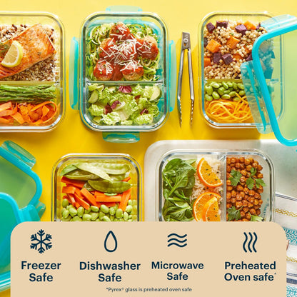 Pyrex Glass Meal Box (5-Pack, 2.3 Cup) Divided Compartments with Locking Lids, For Meal Prepping and Portioning, BPA Free Microwave Dishwasher Safe
