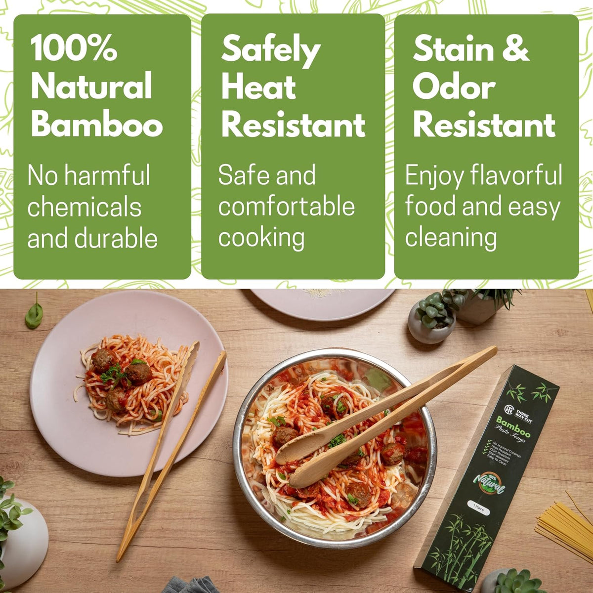 12" Pasta Salad Bamboo Tongs – Natural Wooden Tongs For Cooking & Serving Food, Wooden Kitchen TongsW/Teeth For Pasta Spaghetti Noodles, Salad & Oven Toaster Baking, Heat Resistant Long Wood Tong