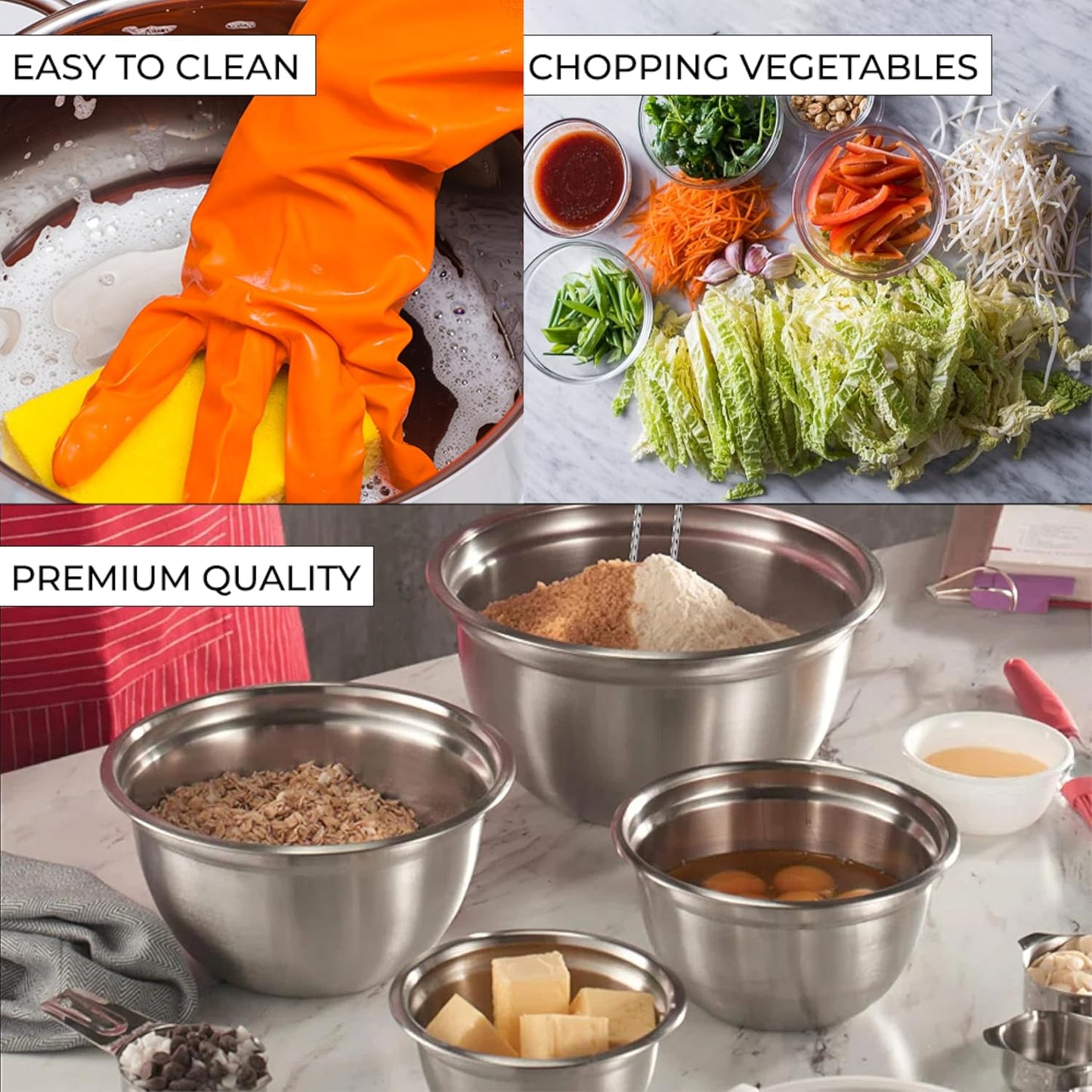 AVADOR Set of 6 Premium Stainless Steel Mixing Bowls Set, Easy To Clean, Space Saving Nestable Design, Great for Cooking, Baking, Prepping (0.75qt, 1.5qt, 3qt, 4qt, 5qt, 8qt)