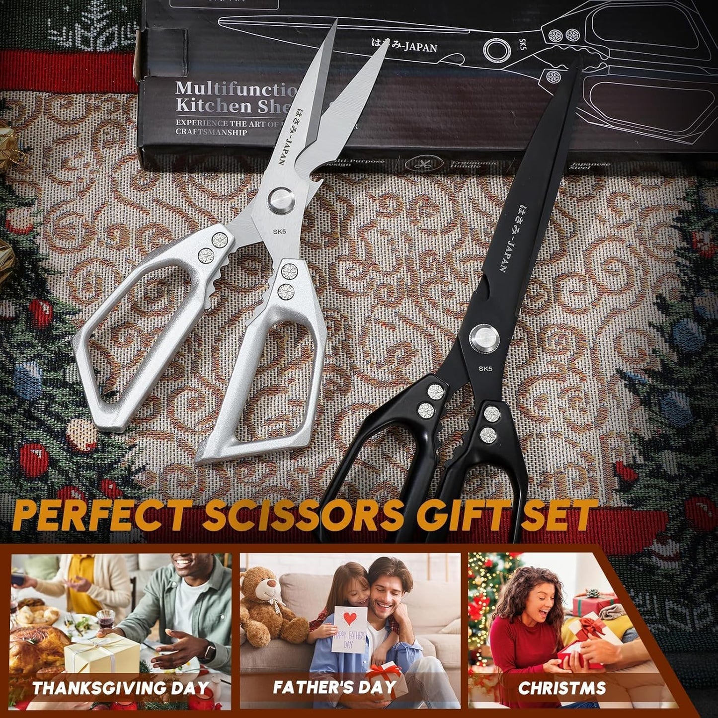 HUUSK Kitchen Scissors Set Silver - Upgraded Stainless Steel Kitchen Shear, Sharp Meat Scissors Dishwasher Safe, Heavy Duty Poultry Shears, Japanese Cooking Scissor for Food, Christmas Gifts for Women