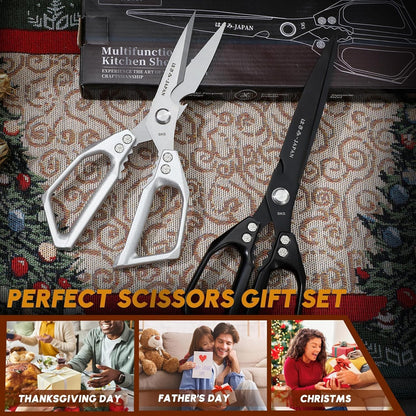 HUUSK Kitchen Scissors Set Silver - Upgraded Stainless Steel Kitchen Shear, Sharp Meat Scissors Dishwasher Safe, Heavy Duty Poultry Shears, Japanese Cooking Scissor for Food, Christmas Gifts for Women