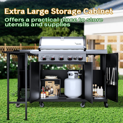 Brand-Man 4-Burner Gas Outdoor Kitchen Grill Island with Side Burner - 44,000 BTU Stainless Steel BBQ Grill Station with Storage Cabinets, Fold-out Prep Table, LPG/NG Convertible, Black