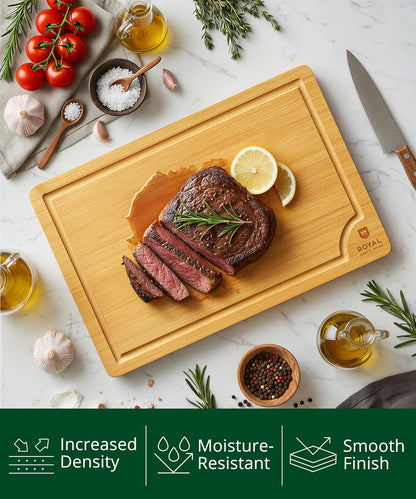ROYAL CRAFT WOOD Wooden Cutting Boards for Kitchen Meal Prep & Serving - Bamboo Wood Serving Board Set with Deep Juice Groove Side Handles - Charcuterie & Chopping Butcher Block for Meat