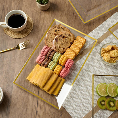 FOCUSLINE 8 PCS Plastic Serving Trays, White and Gold Rim Plastic Serving Platters, Disposable Tray for Food, Perfect for Wedding Parties