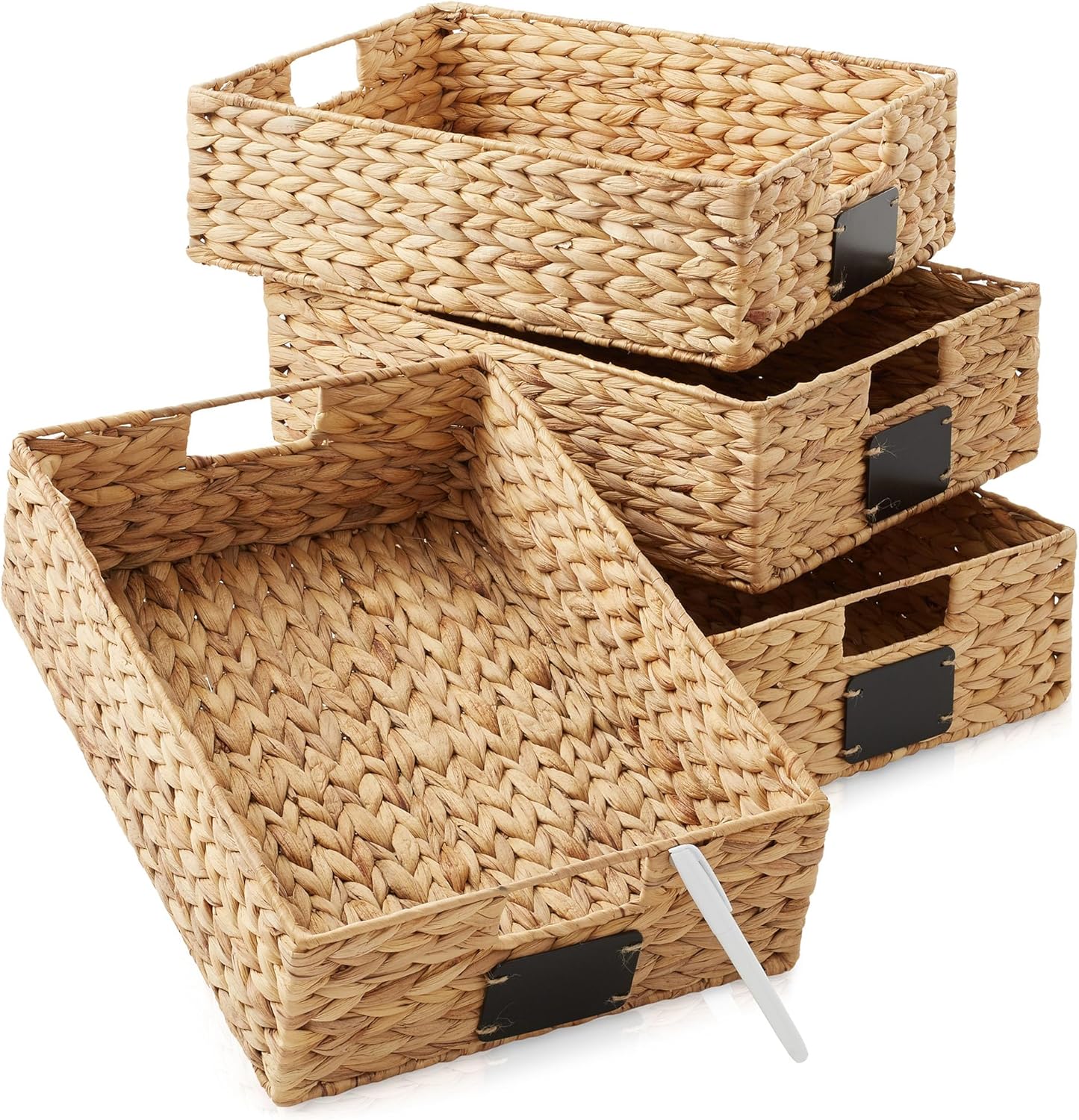 Casafield Set of 4 Water Hyacinth Pantry Baskets, 10" x 13" x 5", with Chalkboard Labels and Chalk Marker - Natural, Woven Storage Bin Organizers for Kitchen Shelves