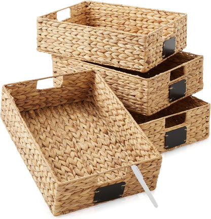 Casafield Set of 4 Water Hyacinth Pantry Baskets, 10" x 13" x 5", with Chalkboard Labels and Chalk Marker - Natural, Woven Storage Bin Organizers for Kitchen Shelves