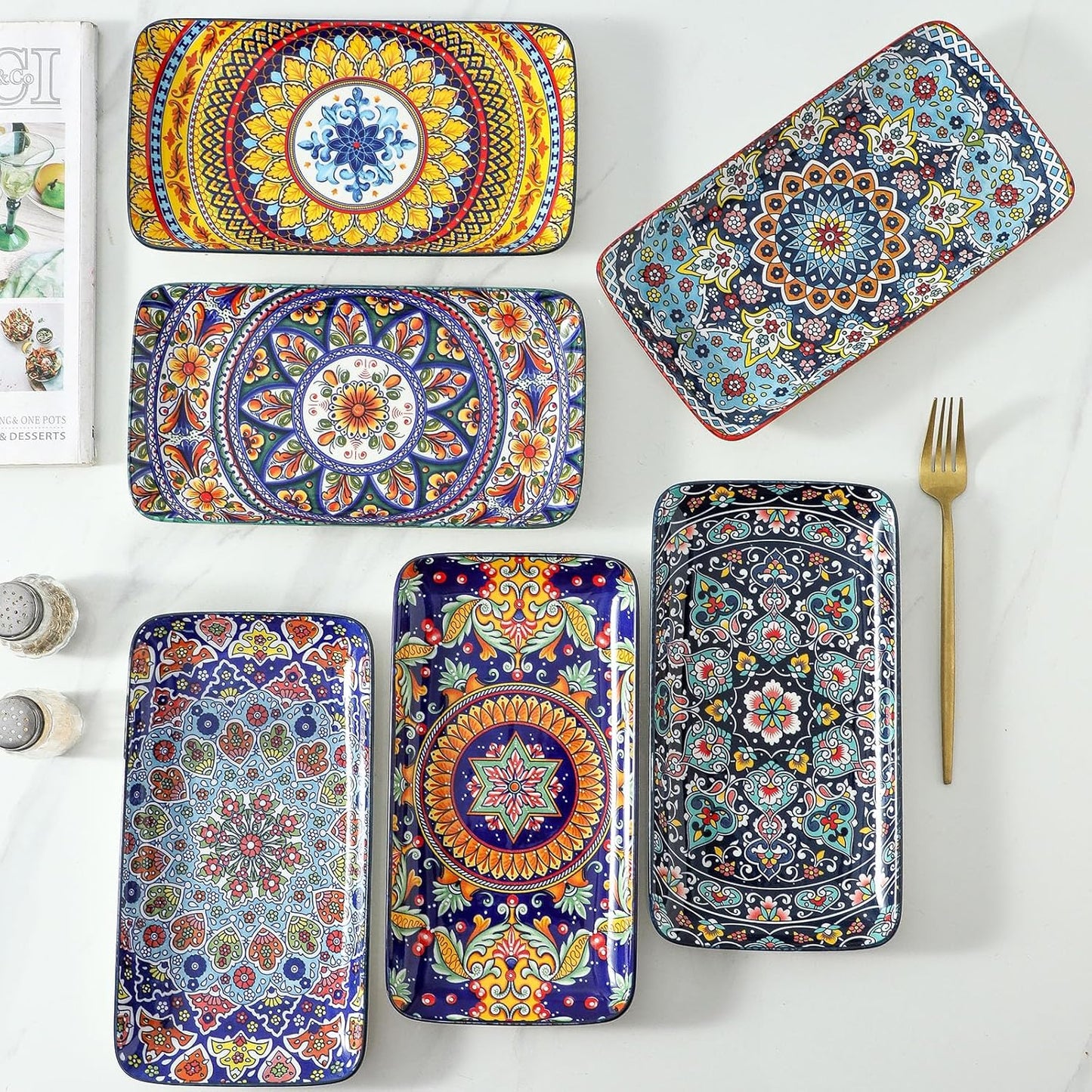 glowworm Porcelain Appetizer Plates Set of 6, 8.5 Inch Salad Plates for Sushi, Dessert, Rectangular Serving Platters, Serving Tray for Party, Kitchen, Microwave & Oven Safe, Bohemian