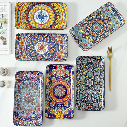 glowworm Porcelain Appetizer Plates Set of 6, 8.5 Inch Salad Plates for Sushi, Dessert, Rectangular Serving Platters, Serving Tray for Party, Kitchen, Microwave & Oven Safe, Bohemian
