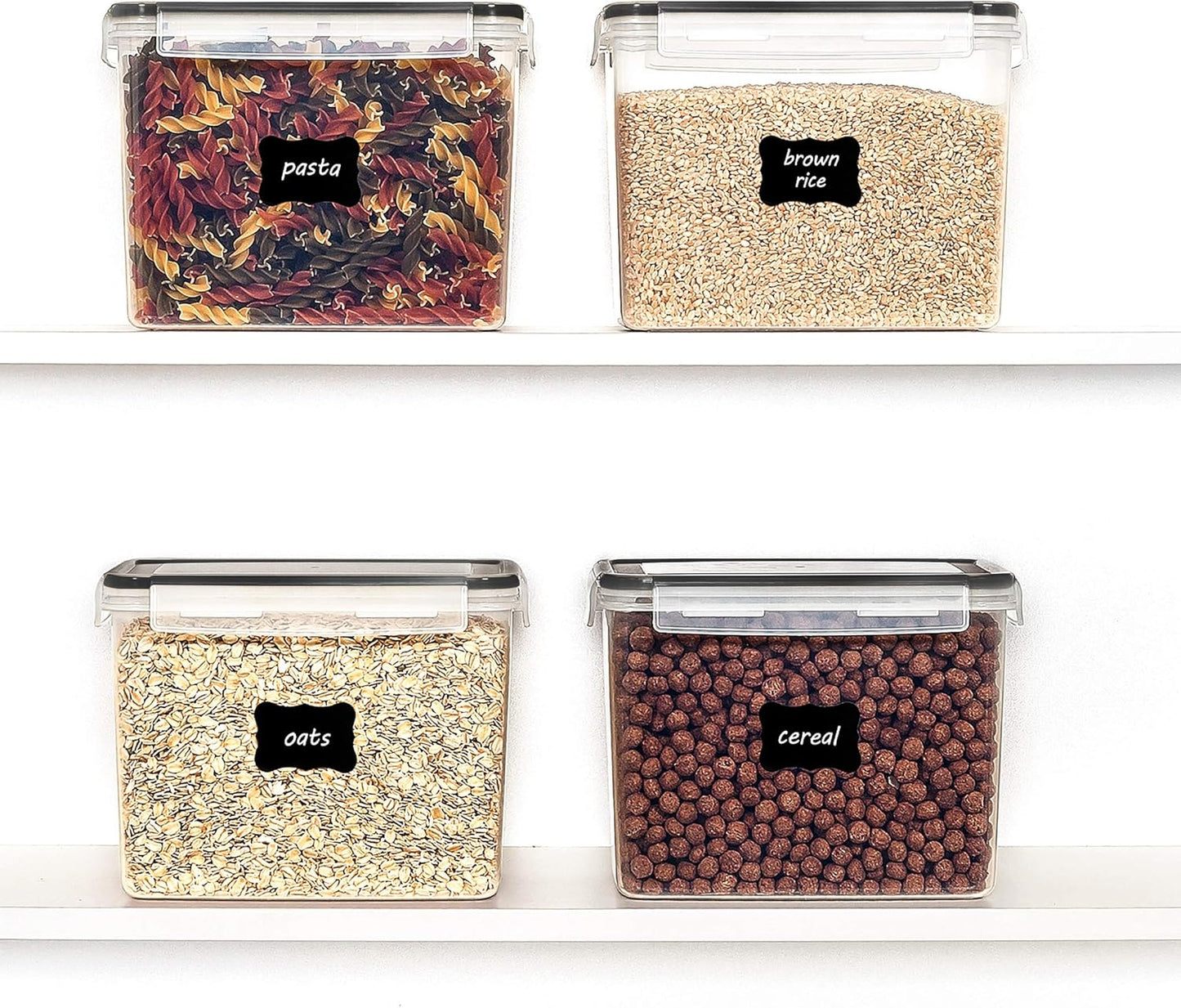 Vtopmart 4 PCS Large Food Storage Containers 5.2L / 175oz, 4 Pieces BPA Free Plastic Airtight Canisters for Flour, Sugar, Baking Supplies, Rice with Lids, 4 Measuring Cups and 24 Labels, Black