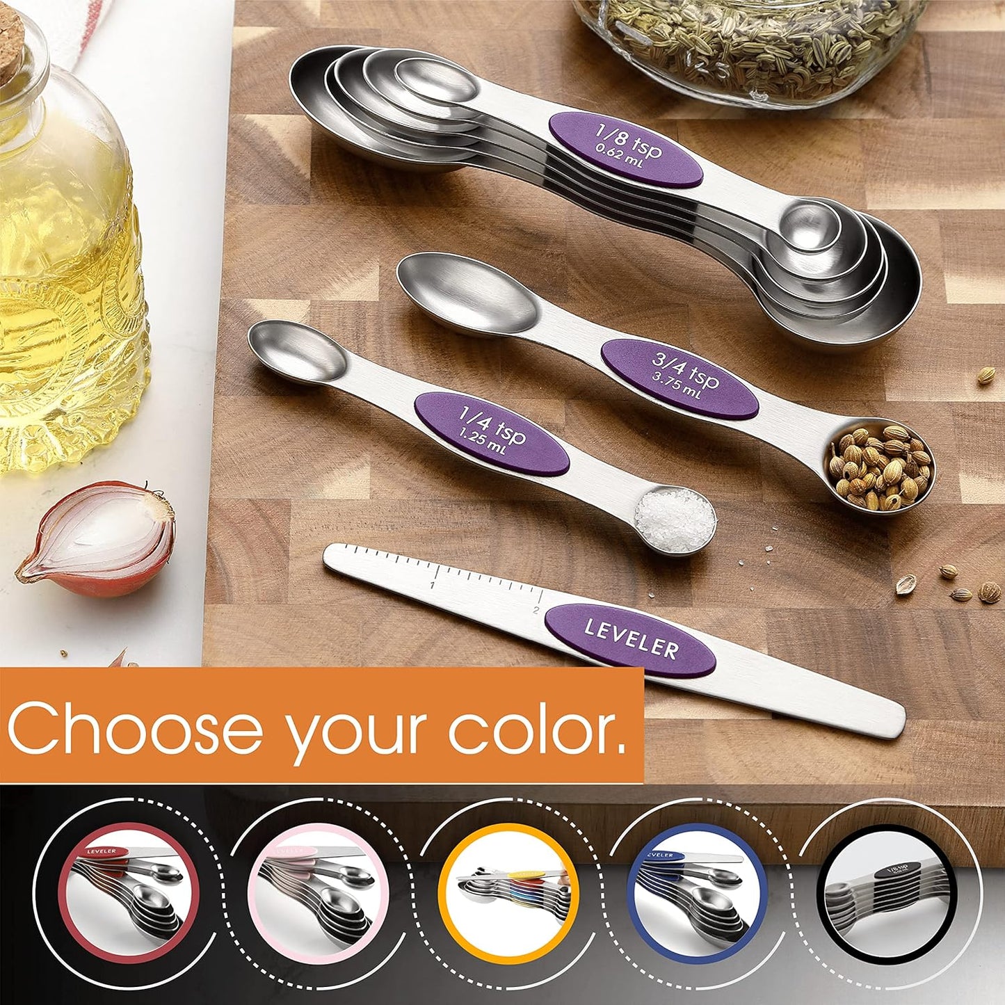 Spring Chef Stainless Steel Magnetic Measuring Spoons Set with Strong N45 Magnets, Heavy Duty Metal Kitchen Gadgets for Baking & Cooking, Fits in Most Kitchen Spice Jars, Set of 8 with Leveler, Black