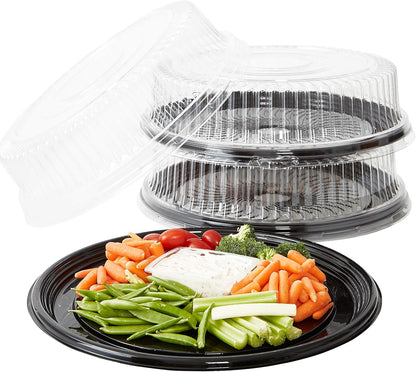 Avant Grub Heavy Duty, Recyclable 12 in. Serving Tray and Lid 5pk. Large, Black Plastic Party Platters with Clear Lids Dishware Plate, Elegant Round Banquet or Catering Trays for Serving Appetizers