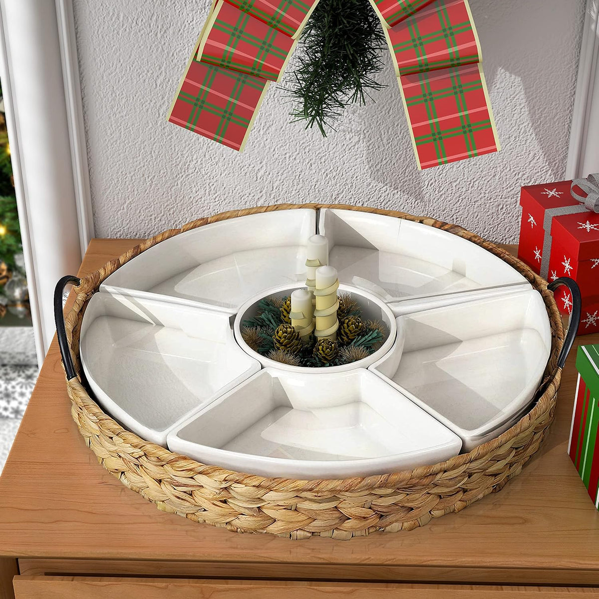 Serving Tray and Serving Dishes, RANDEFURN 7-Set Gold Platters for Parties,15.5 x 15.5 inches, Divided Serving Trays & Platters, Portable Handle,Gold