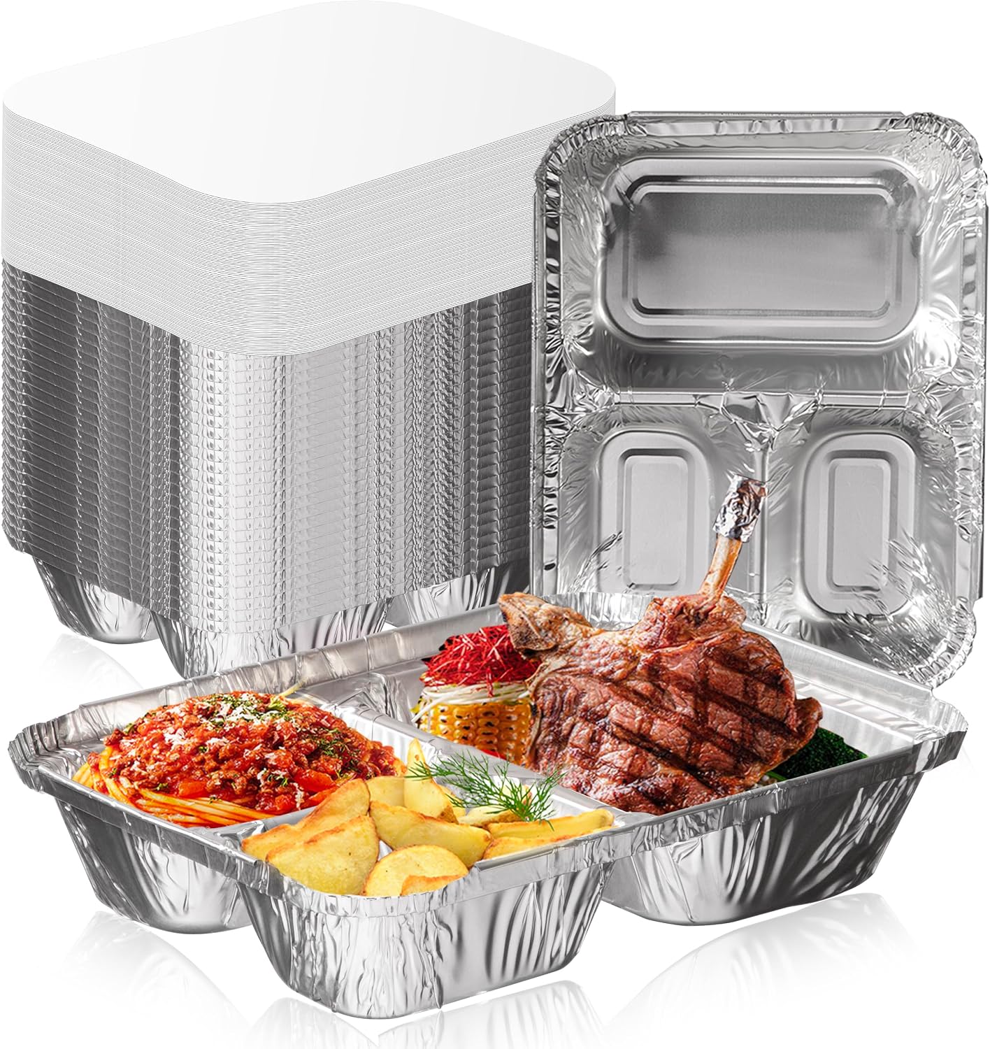 Fit Meal Prep 50 Pack 3 Compartment 8.5 x 6.5 x 1.5 Rectangular Disposable Aluminum Foil Pan Take Out Food Containers with Flat Board Lids, Hot Cold Freezer Oven Safe