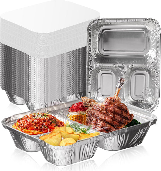 Fit Meal Prep 50 Pack 3 Compartment 8.5 x 6.5 x 1.5 Rectangular Disposable Aluminum Foil Pan Take Out Food Containers with Flat Board Lids, Hot Cold Freezer Oven Safe