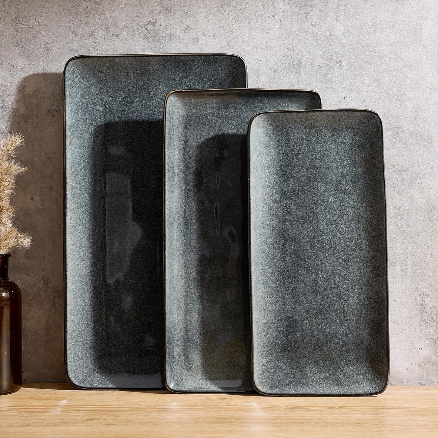 Famiware Serving Platter, Rectangular 15.67/14.1/12.6inch Serving Dishes for Entertaining, Microwave Dishwasher Safe, Stoneware Serving Trays for Party, Turkey, Cheese, Ocean Series, Cappuccino White