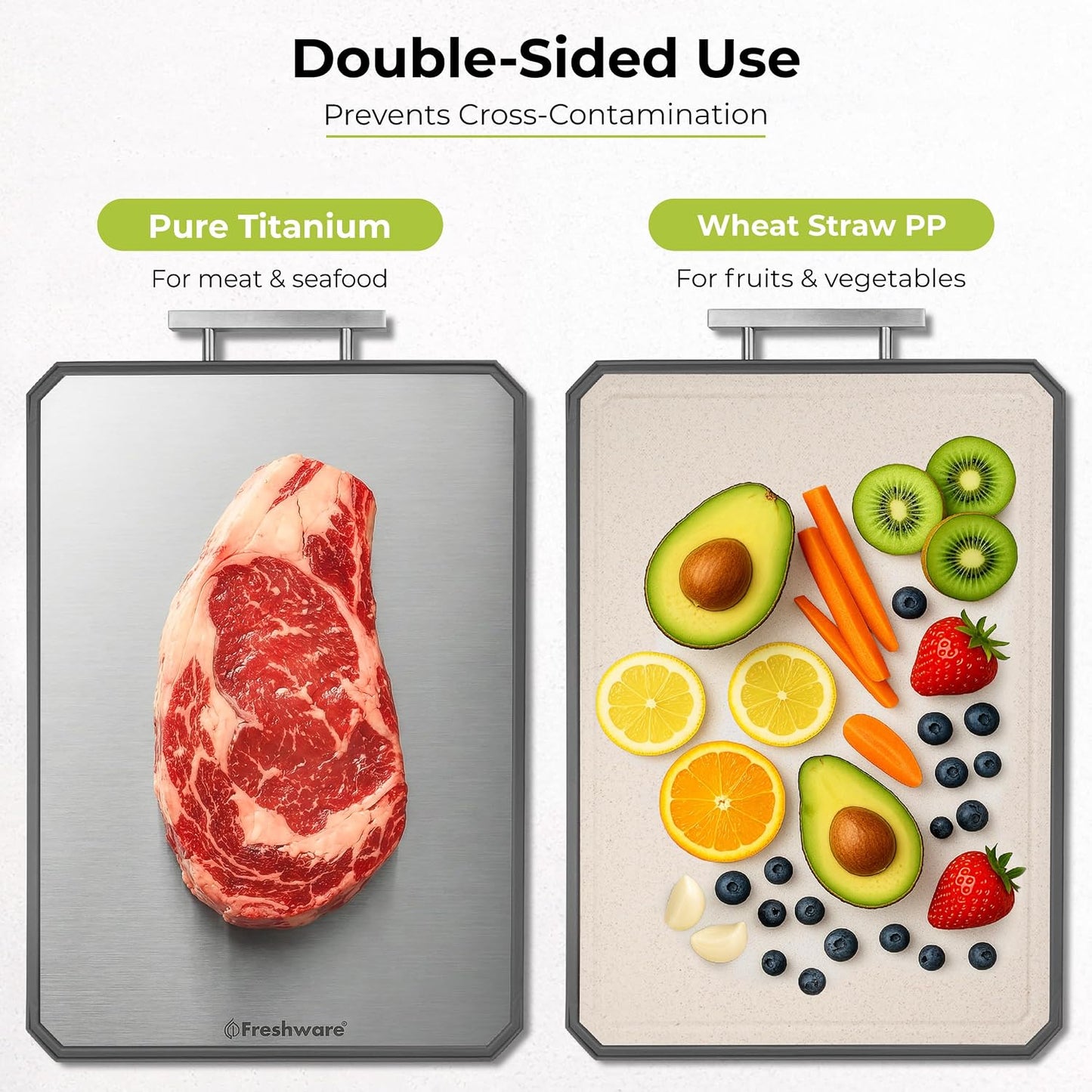 Freshware Titanium Cutting Board for Kitchen, Set of 2, Double Sided Cutting Boards, Pure Titanium/PP, Chopping Board with Juice Grooves, Dishwasher Safe, Medium 12.1" by 8.3" and Large 16.2" by 11"