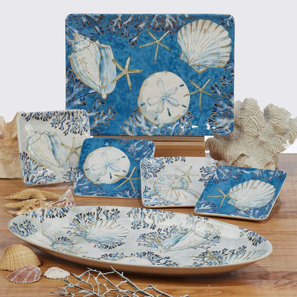 Playa Shells Coastal Ceramic Chip & Dip Platter – 13.5" Ocean-Themed Party Server for Chips, Veggies, Fruit, Crackers, and Appetizers