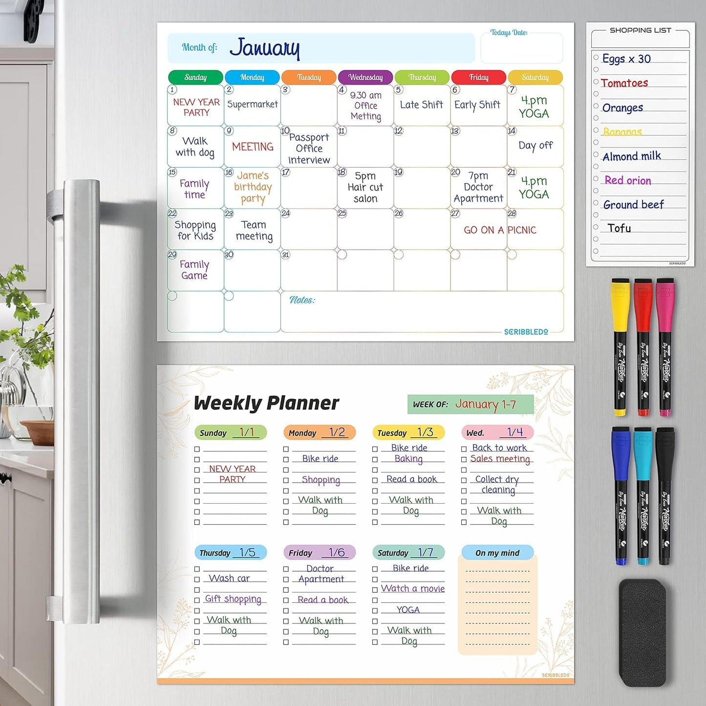 Monthly Planner (Pack of 3) Magnetic Whiteboard Refrigerator Calendar Dry Erase Weekly Planner Magnetic Calendar for Fridge to Do List White Board Dry Erase Shopping Grocery List 6 Markers Included