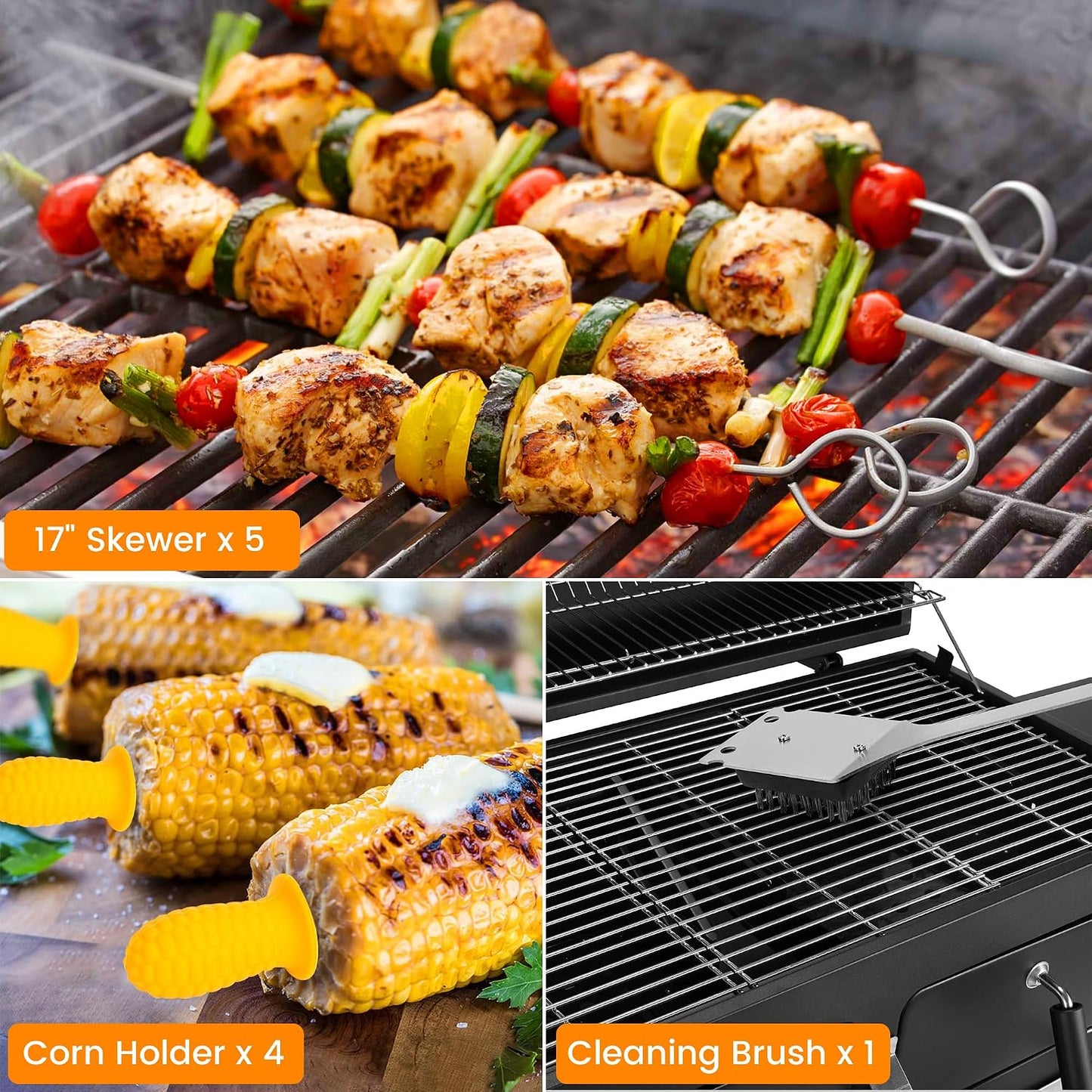 Grill Accessories Kit, Grill Tool Set with 4-in-1 BBQ Spatula, Fork, Tongs, Cleaner Brush, Skewers, Silicone Corn Holders, Silicone Brush, Grilling Gift Set for Men and Women