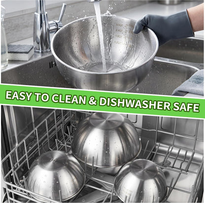 304 Stainless Steel Mixing Bowls Set of 5, 1.1/1.6/1.9/2.5/3.5 QT Food Grade Metal Bowls with Measurement Marks, Dishwasher Safe & Stackable Nesting for Baking, Salads, Meal Prep, RV & Camping