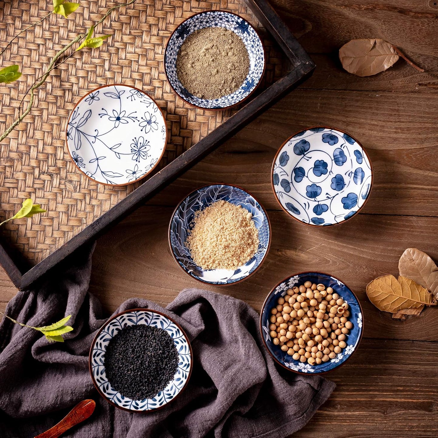 Japanese Style Ceramic Dipping Bowls,3'' Small Pinch Bowls Set Side Sauce Cups,Dishes for Sushi,Snack and Soy,BBQ,2.5 Oz Blue and White Mini Bowl for Kitchen Prep - Set of 6 (3 inch)