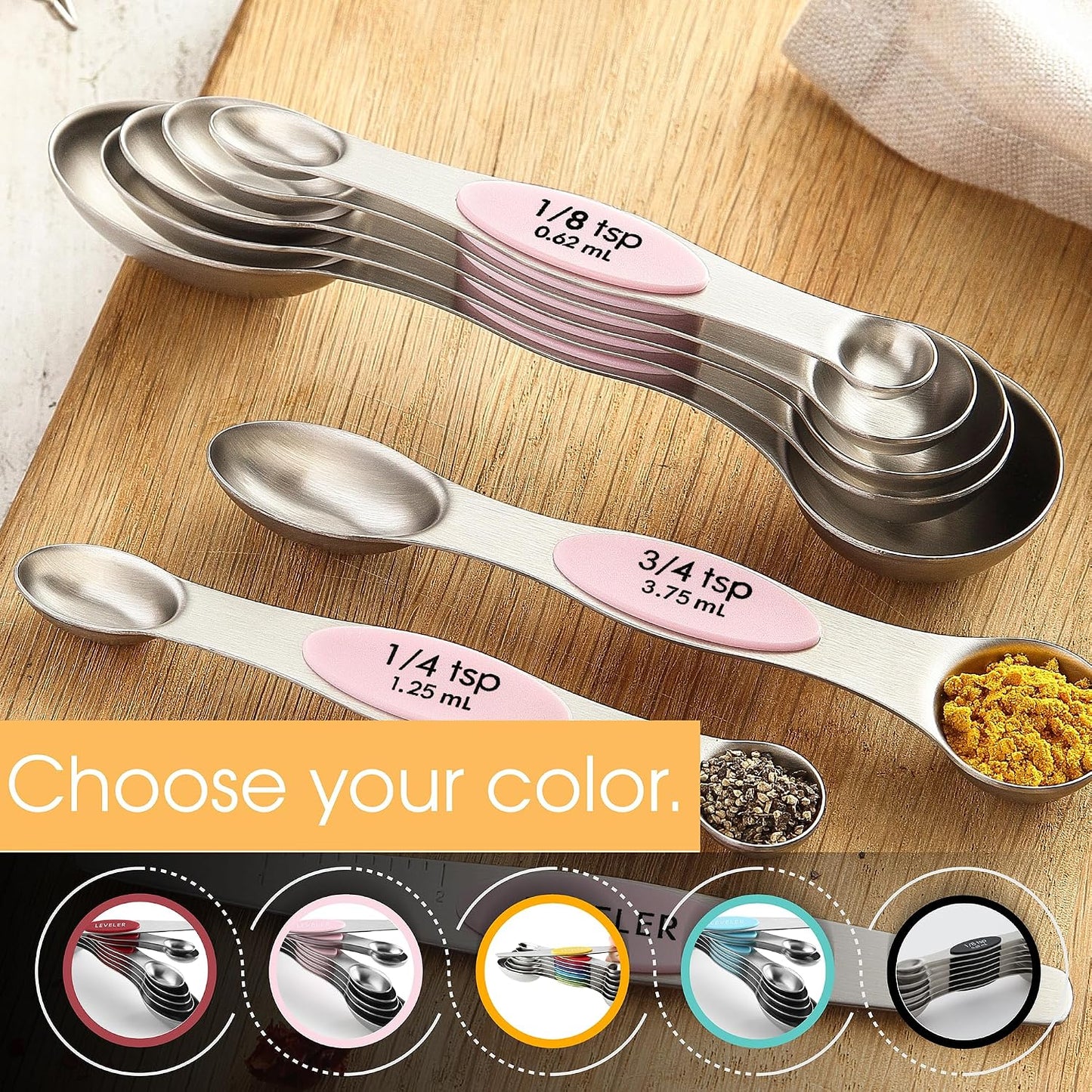Spring Chef Stainless Steel Magnetic Measuring Spoons Set with Strong N45 Magnets, Heavy Duty Metal Kitchen Gadgets for Baking & Cooking, Fits in Most Kitchen Spice Jars, Set of 8 with Leveler, Black
