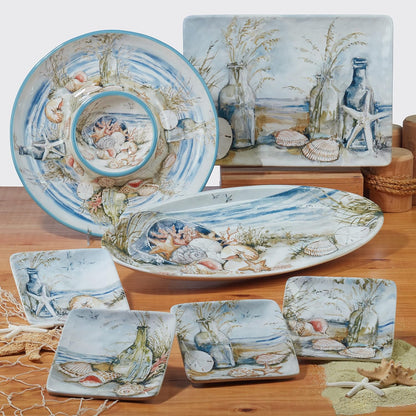 Coastal Landscape Ceramic Chip & Dip Platter – 13.5" Round Server with Shorebirds Illustration, Ocean-Inspired Tableware for Chips & Salsa, Crudités, Seafood, Crackers, Appetizers