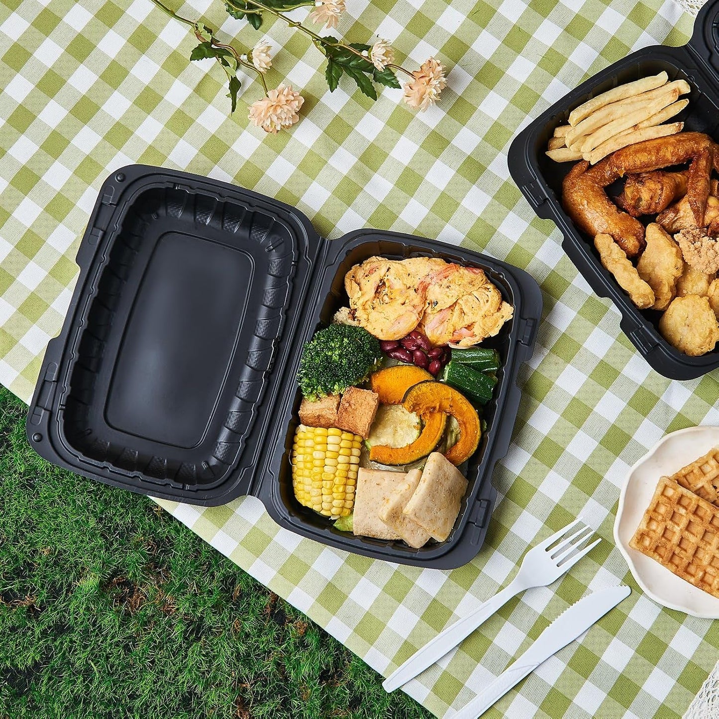 8X8 3-Compartment 50-Pack Plastic Clamshell Takeout Food Trays Heavy Duty Togo Disposable Box Carryout Meal Prep Packaging Catering Hinged Containers With Secure Snap Lid (Formerly FULING)