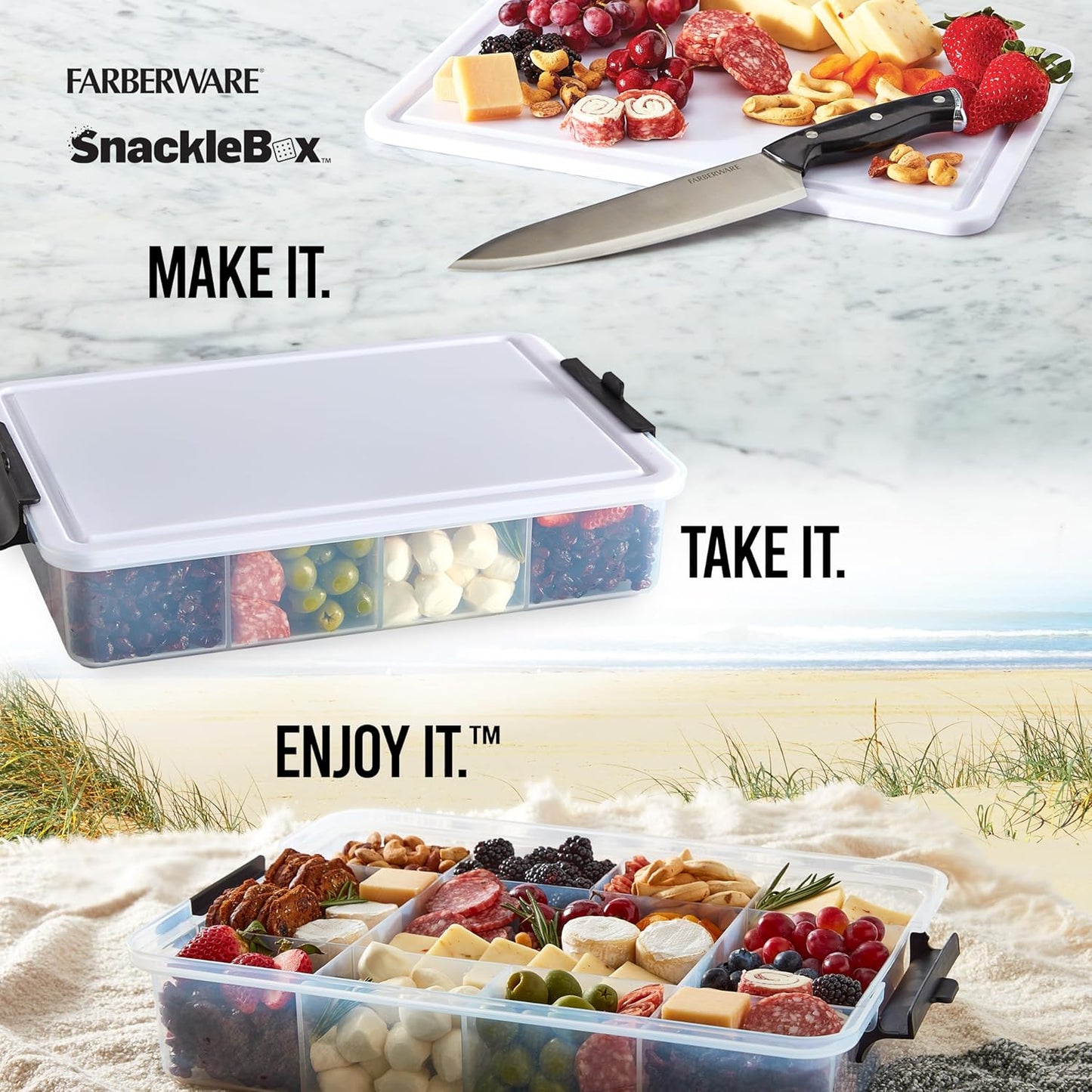 Farberware Small Build-a-Board Snacklebox with Locking Plastic Cutting Board Lid, Portable Charcuterie Storage with 7 Compartments