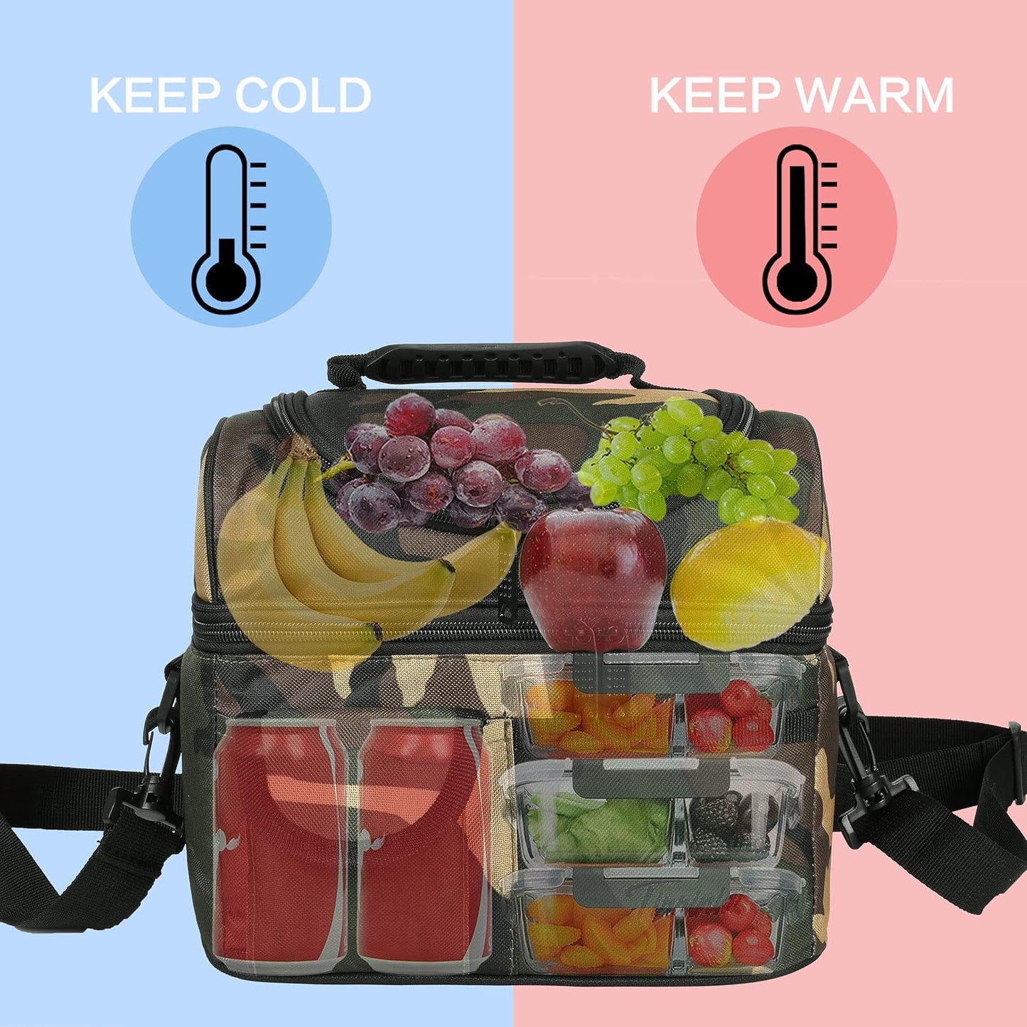 Tirrinia Reusable Lunch Box for Men Women, Insulated Lunch Bag Adult Work, Double Decker Leakproof Lunchbox for Office Picnic Beach—Dual Compartment Lunch Cooler Bag