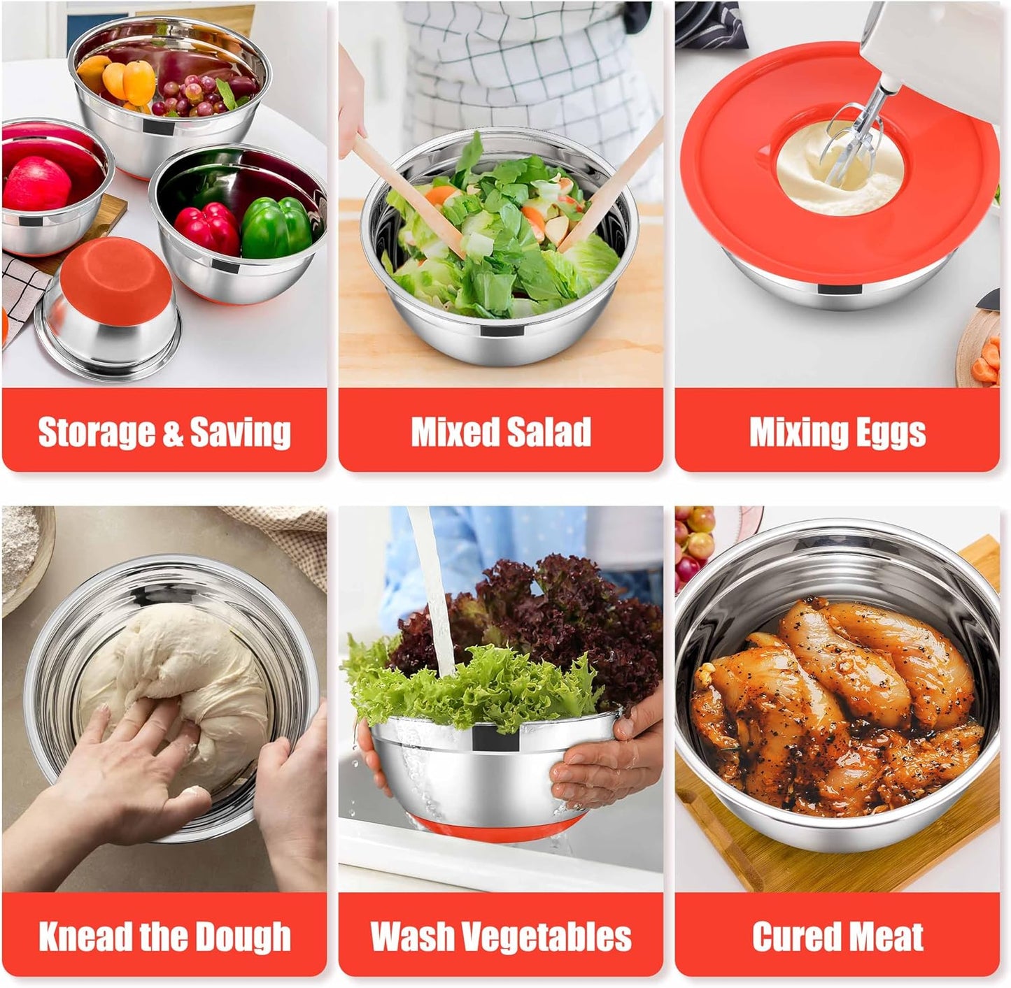 E-far Stainless Steel Mixing Bowls with Lids Set, 5-Piece Nesting Salad Bowls with 3 Grater Attachments and Non-Slip Bottoms, Size 4.6, 2.6, 2, 1.5, 1QT for Kitchen (Khaki)