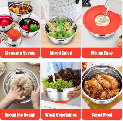E-far Stainless Steel Mixing Bowls with Lids Set, 5-Piece Nesting Salad Bowls with 3 Grater Attachments and Non-Slip Bottoms, Size 4.6, 2.6, 2, 1.5, 1QT for Kitchen (Khaki)