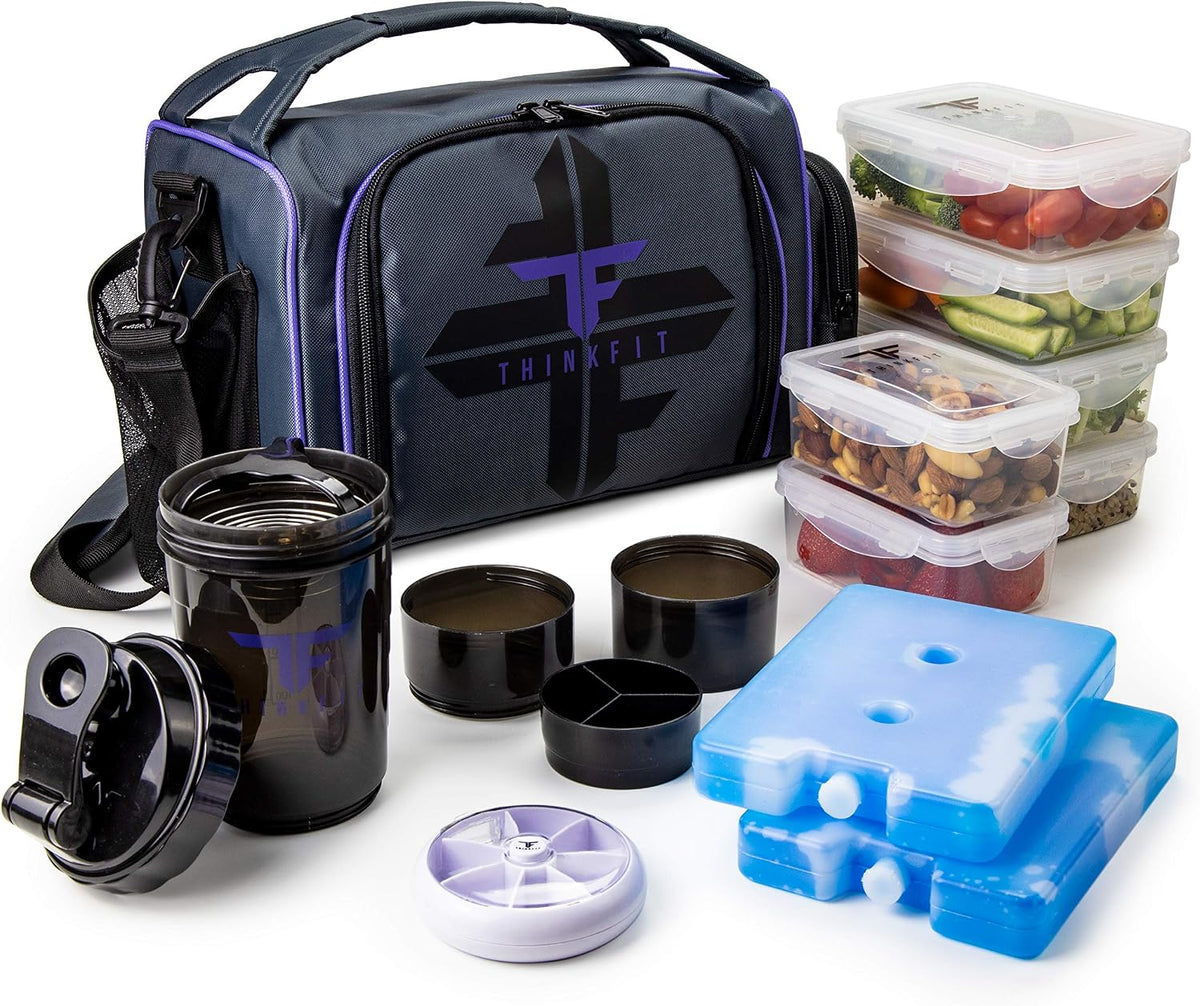 ThinkFit Insulated Meal Prep Lunch Box with 6 BPA-Free, Reusable, Microwavable, Freezer Safe Food Portion-Control Containers, Shaker Cup, Pill Organizer, Lunch Bag with Storage Pocket - (Black)