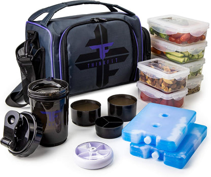 ThinkFit Insulated Meal Prep Lunch Box with 6 BPA-Free, Reusable, Microwavable, Freezer Safe Food Portion-Control Containers, Shaker Cup, Pill Organizer, Lunch Bag with Storage Pocket - (Black)