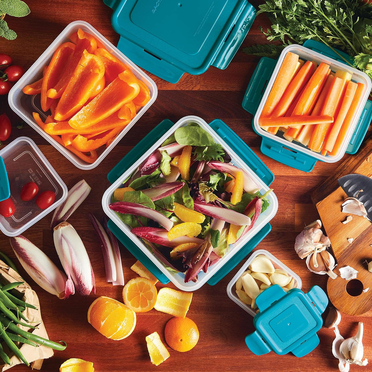Rachael Ray Leak-Proof Nestable Container Food Storage Bin Set, 10-Piece, Clear with Teal Lids
