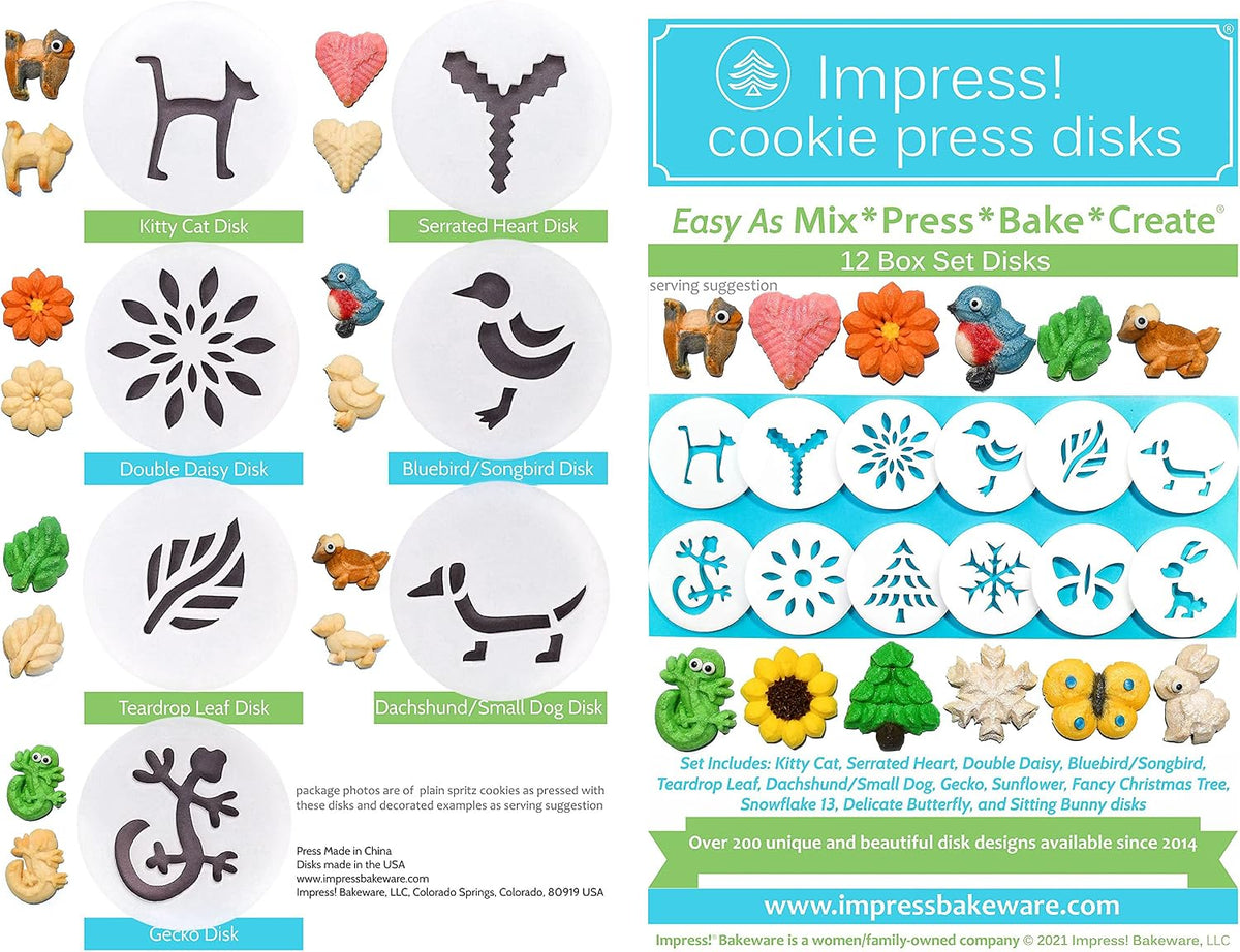Impress Bakeware Metal Cookie Press with 12 Shape Disks