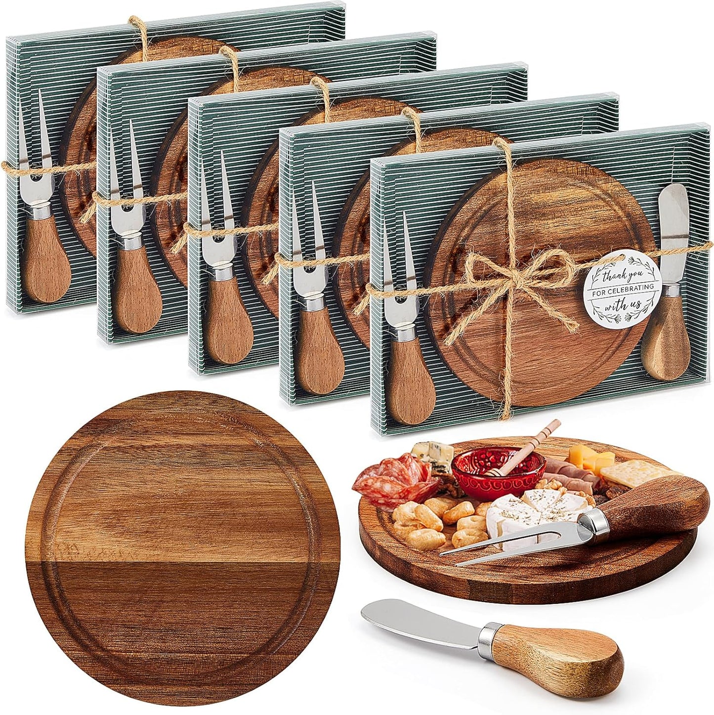 Maxcheck 6 Sets Baby Shower Bridal Game Prizes for Winners Round Cheese Board Set Wood Mini Charcuterie Board with Knives and Forks Thank You Card with Gift Box for Guests Wedding (Bamboo)