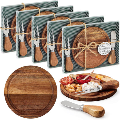 Maxcheck 6 Sets Baby Shower Bridal Game Prizes for Winners Round Cheese Board Set Wood Mini Charcuterie Board with Knives and Forks Thank You Card with Gift Box for Guests Wedding (Bamboo)