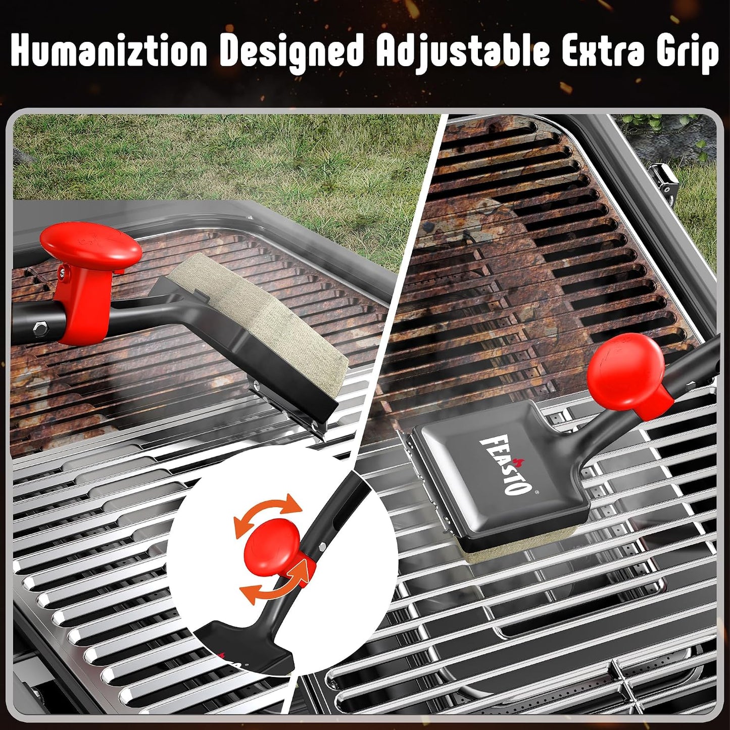 Feasto Bristle Free Grill Brush with Scraper for Outdoor Grills, Reinforced Steam BBQ Cleaning Brush with Replaceable Cleaning Head, Safe Grill Cleaner for Cast Iron & Stainless Steel Grates, Red