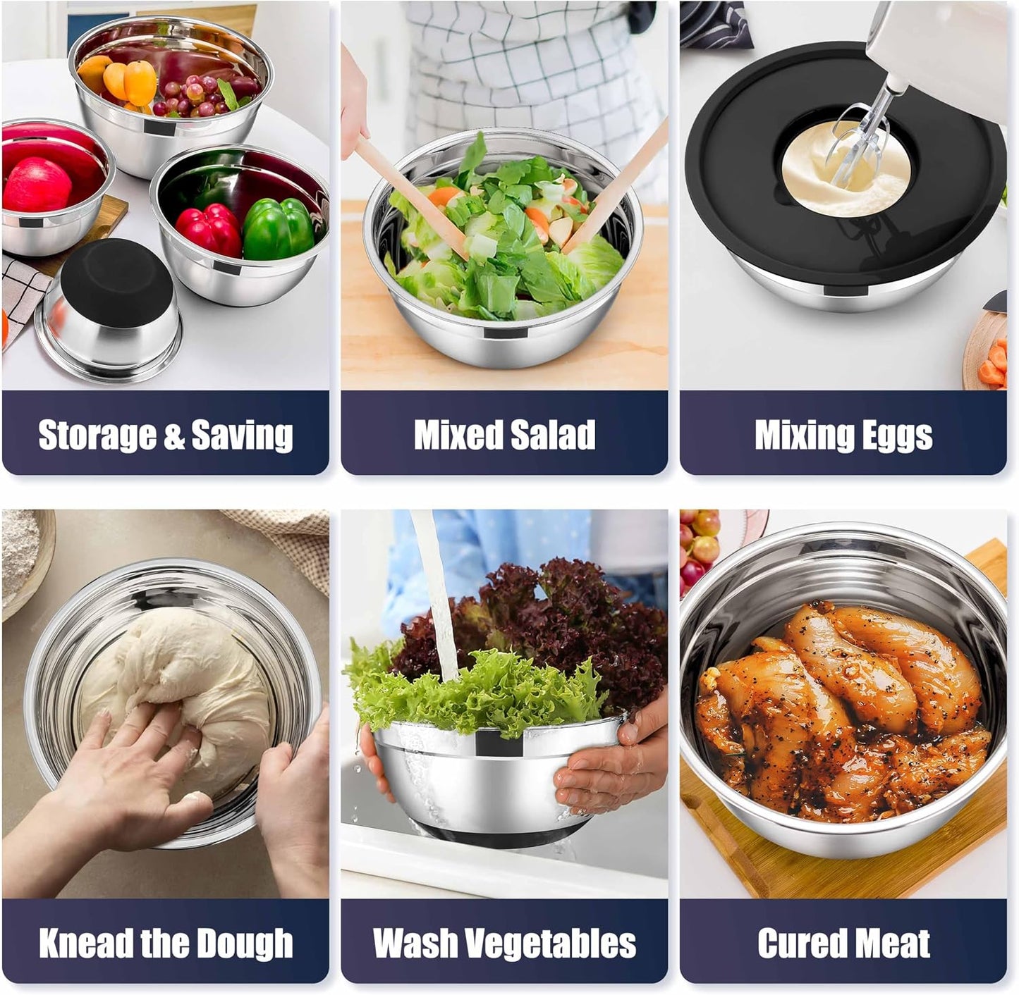 E-far Stainless Steel Mixing Bowls with Lids Set, 5-Piece Nesting Salad Bowls with 3 Grater Attachments and Non-Slip Bottoms, Size 4.6, 2.6, 2, 1.5, 1QT for Kitchen (Khaki)