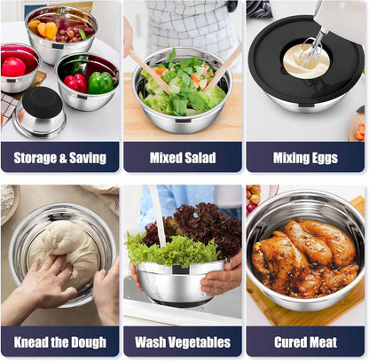 E-far Stainless Steel Mixing Bowls with Lids Set, 5-Piece Nesting Salad Bowls with 3 Grater Attachments and Non-Slip Bottoms, Size 4.6, 2.6, 2, 1.5, 1QT for Kitchen (Khaki)