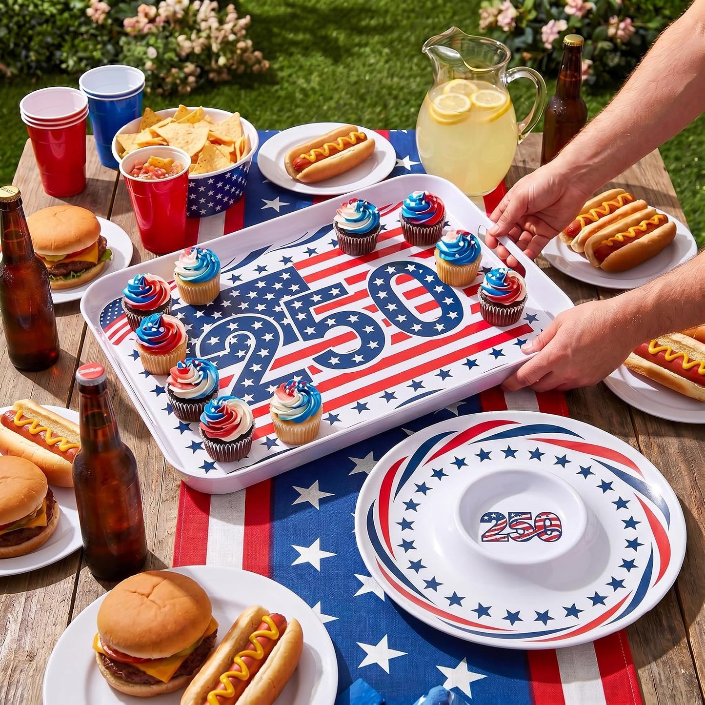 2 Pcs Serving Tray - 16'' Melamine Rectangle Tray with Handle and 13'' Chip and Dip Set of 2，Extra-Large Melamine Serving Platter for Eating, Appetizer, Snack, Fruit, Desserts，Happy Summer